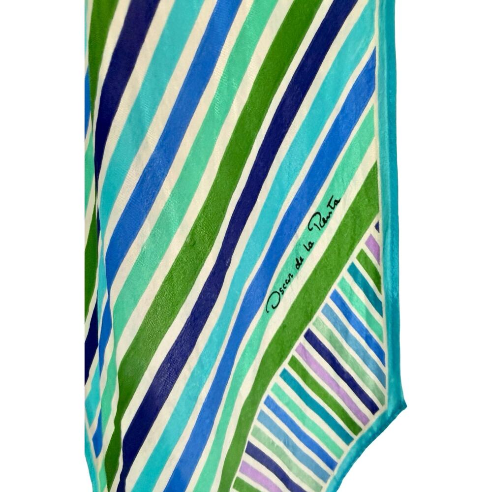 Vintage Oscar de la Renta Silk Skinny Scarf Diagonal Turquoise Japan 7x78" - Picture 7 of 9